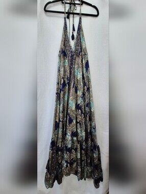 Karma Highway Paisley Boho Halter Maxi Skirt Navy and Teal